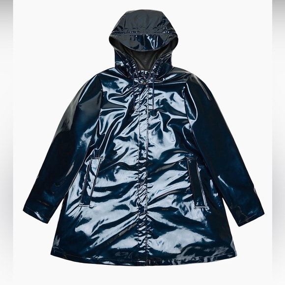 RAINS A-Line Long Jacket W3 Hooded`Spill’ Shiny Dark BlueWomen LNWT NEW
